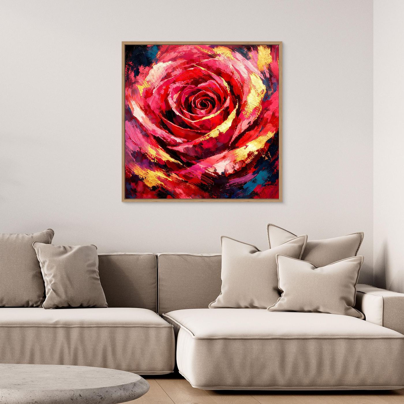 Gerahmtes Leinwandbild: abstrakte rote Rose mit gelben und blauen Farbstreifen, schwarz rahmt.