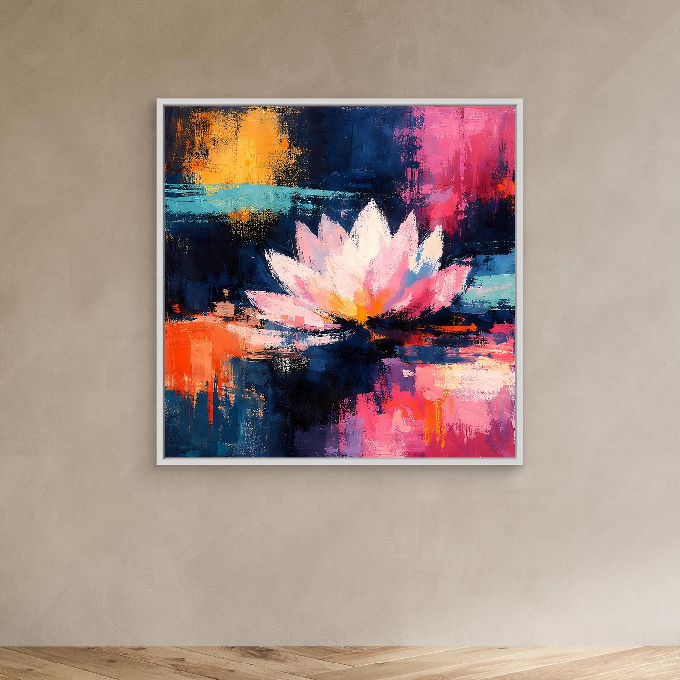 Abstraktes Lotus-Leinwandbild mit weißer Blüte, im weißen Rahmen, Farben in Blau, Rosa, Gelb.