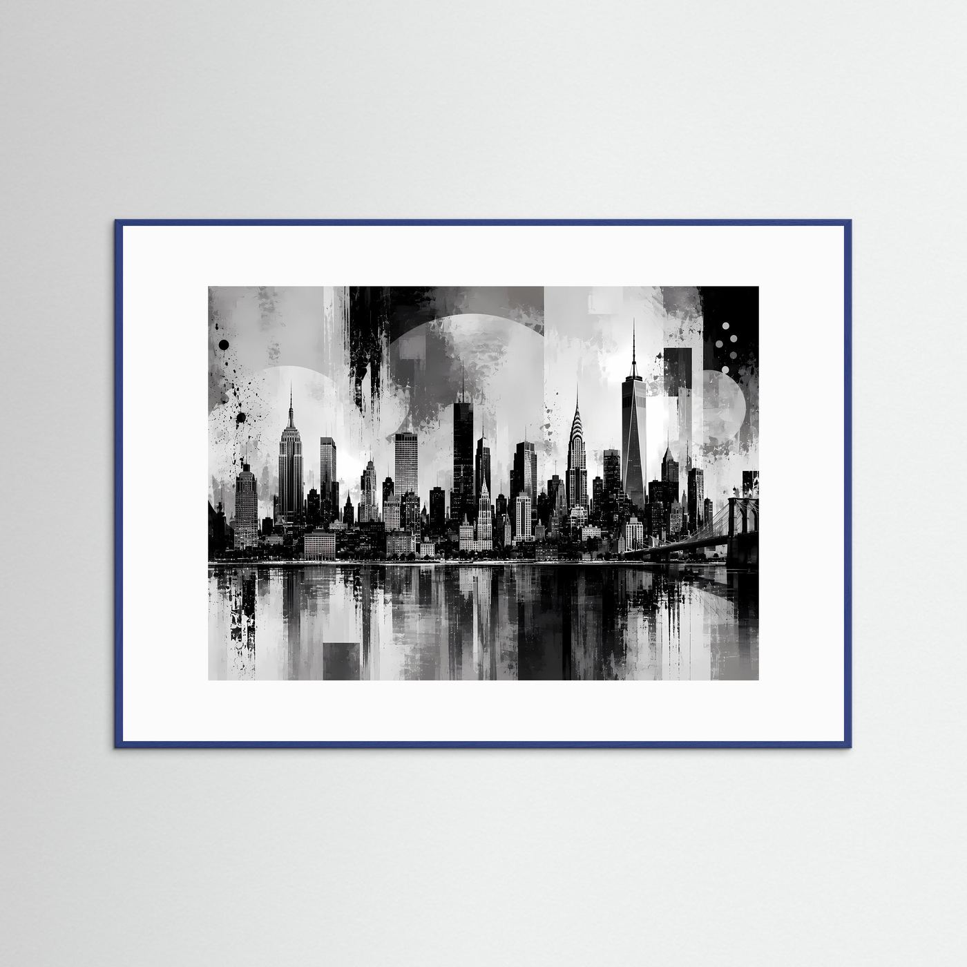 Schwarzweiß-Stadtposter mit Skyline über Fluss und Brücke, im blauem Holzrahmen