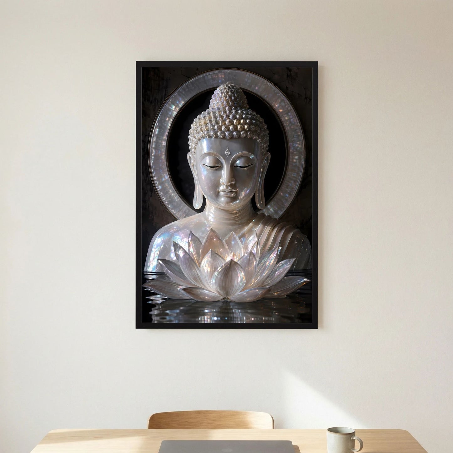Wandposter: silberner Buddha mit Lotusblüten im Kreis, schwarzer Rahmen, Hochformat