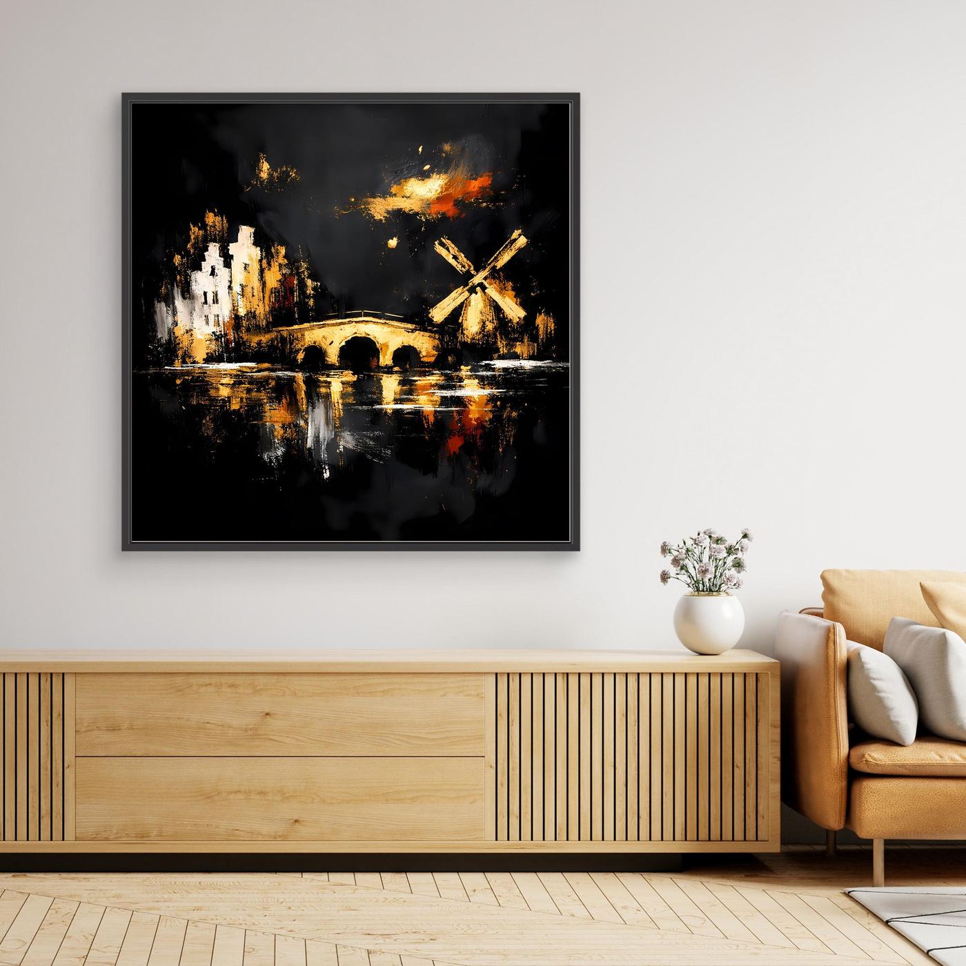 Leinwand Goldene Windmühle in Amsterdam | Abstraktes Holland Wandbild Modern