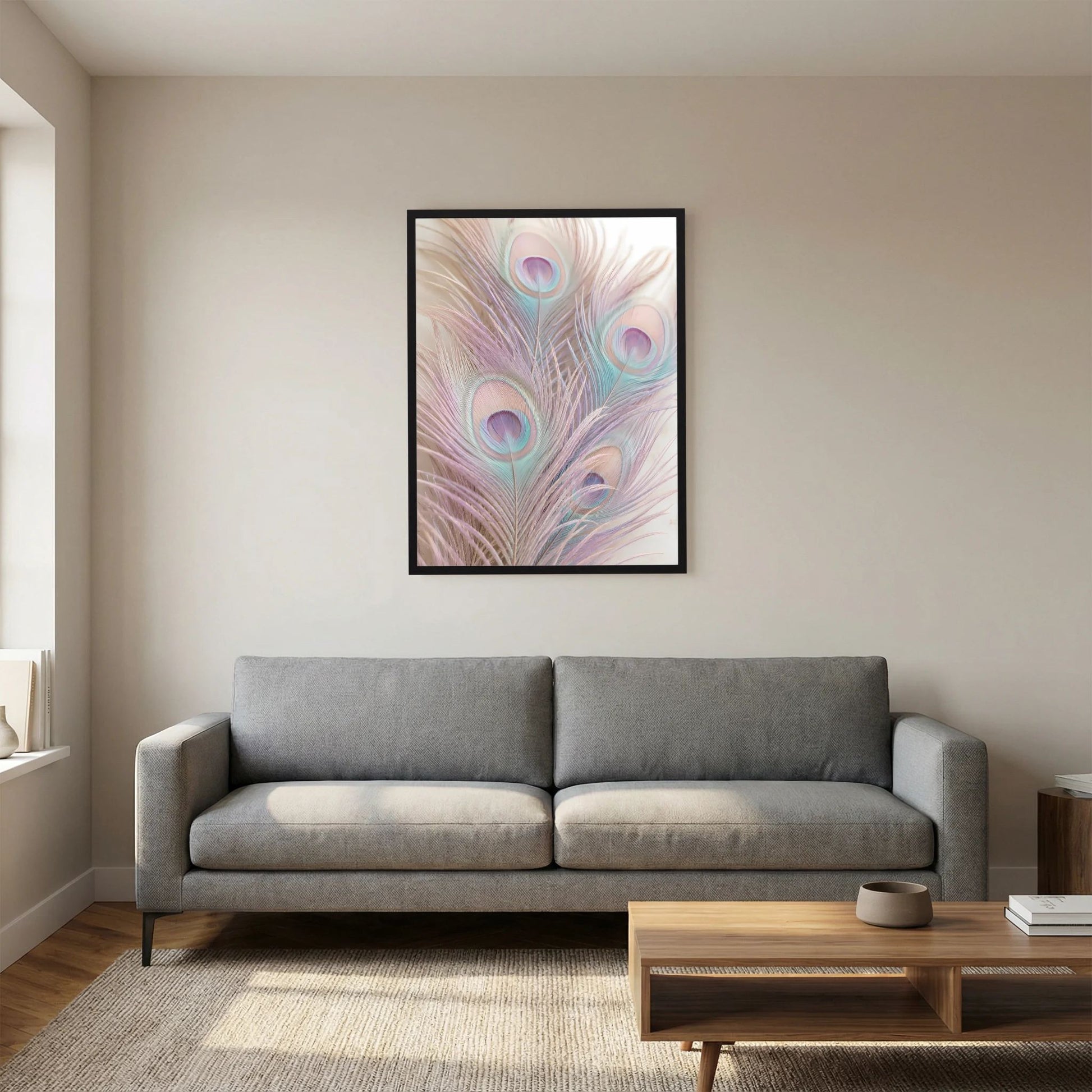 Hochformat-Poster mit Pastell-Pfauenfedern in Rosa und Türkis, schwarz gerahmt
