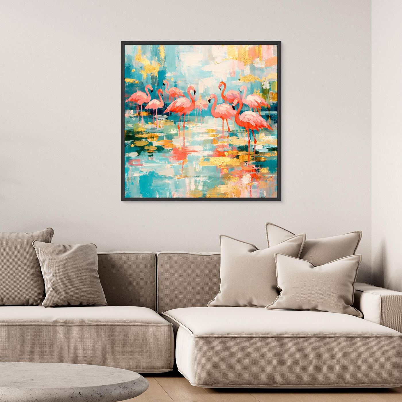 Abstraktes Leinwandbild mit Flamingos im Spiegelsee, schwarzer Rahmen