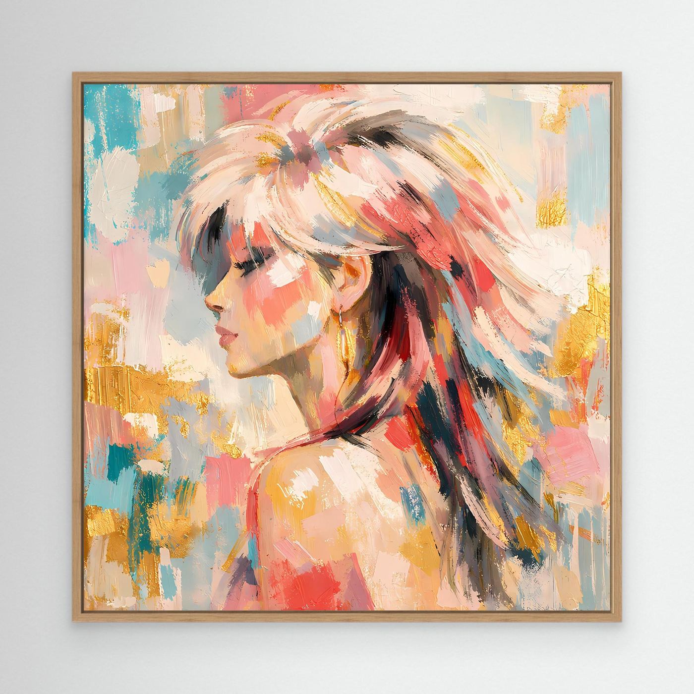 Leinwandbild mit abstraktem Frauenporträt in Pastell, Seitenansicht, Eichenrahmen