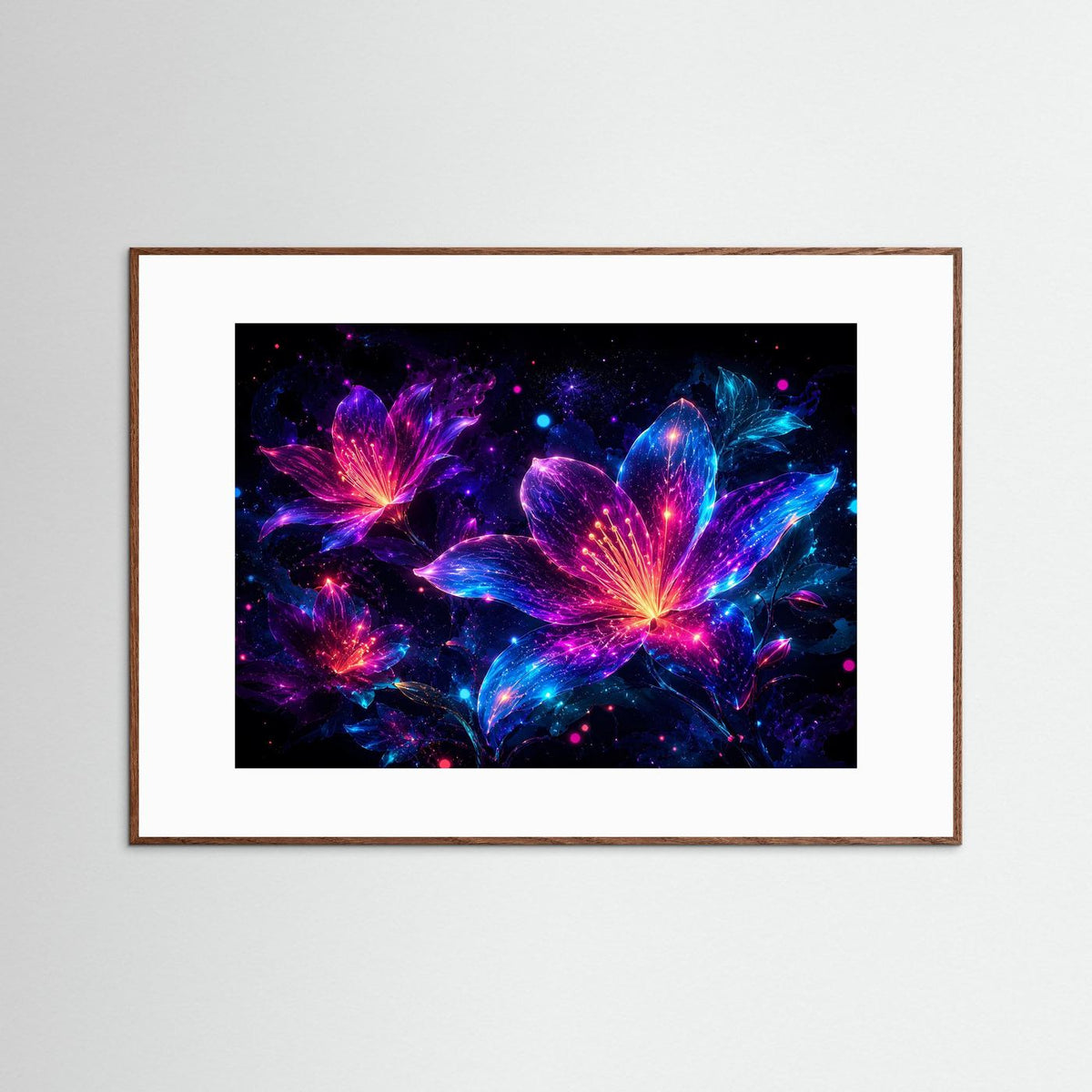 Neon-Blumenbild mit abstrakten Lilien in Pink, Violett und Blau, dunkelbraun gerahmt
