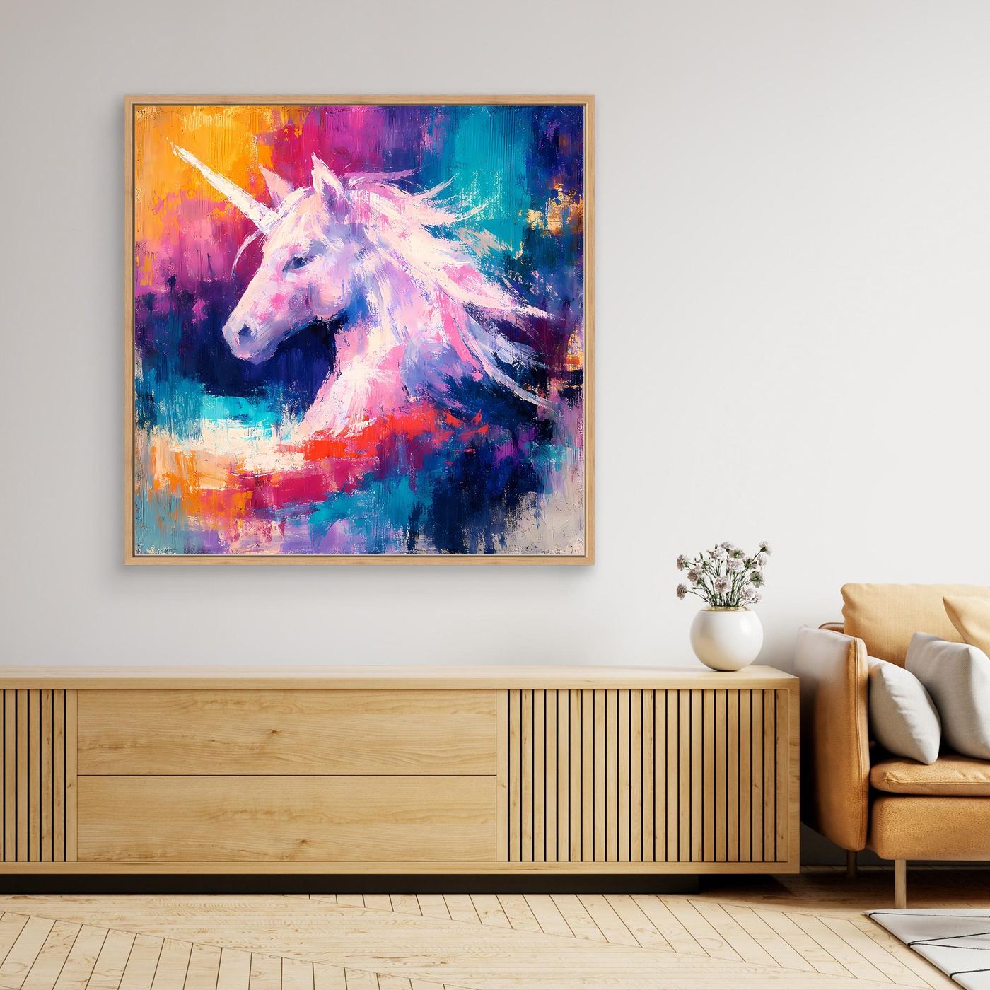 Leinwand Elegantes Einhorn im Farbenmeer | Abstraktes Fantasy & Pastell Wandbild