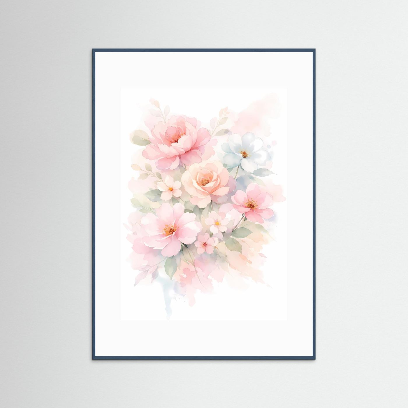 Wandbild mit Blumenbouquet im Aquarellstil, blauer Rahmen und weißes Passepartout