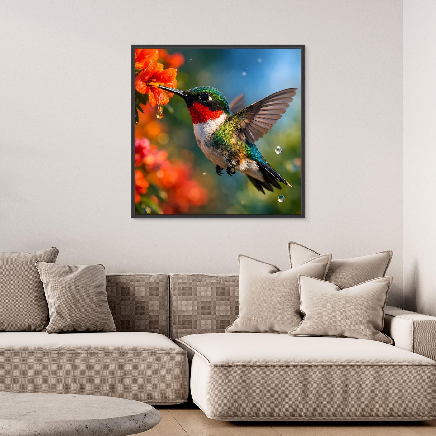 Leinwand Kolibri im Blütenrausch | Farbenfrohes Vogel Natur Wandbild