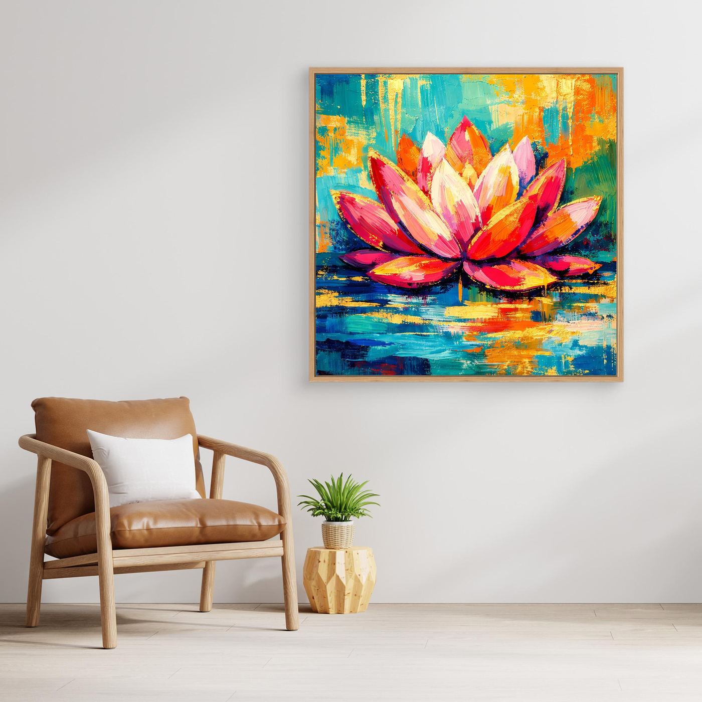 Abstraktes Lotus-Leinwandbild mit bunten Blüten, mit hellem Holzrahmen