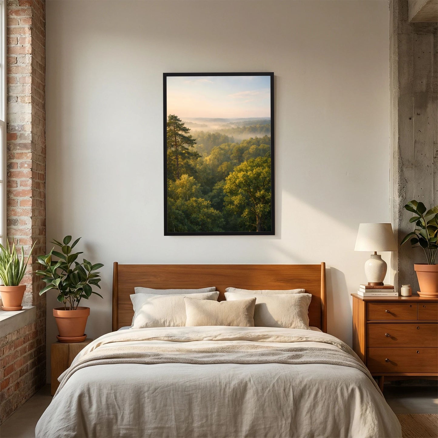 Hochformat-Poster Waldlandschaft mit schwarzem Rahmen über dem Bett