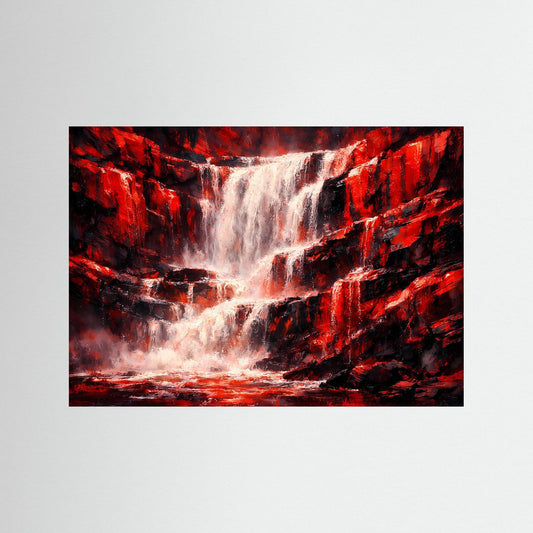 Poster mit rotem Wasserfall in einer Felsenlandschaft, Querformat, ohne Rahmen