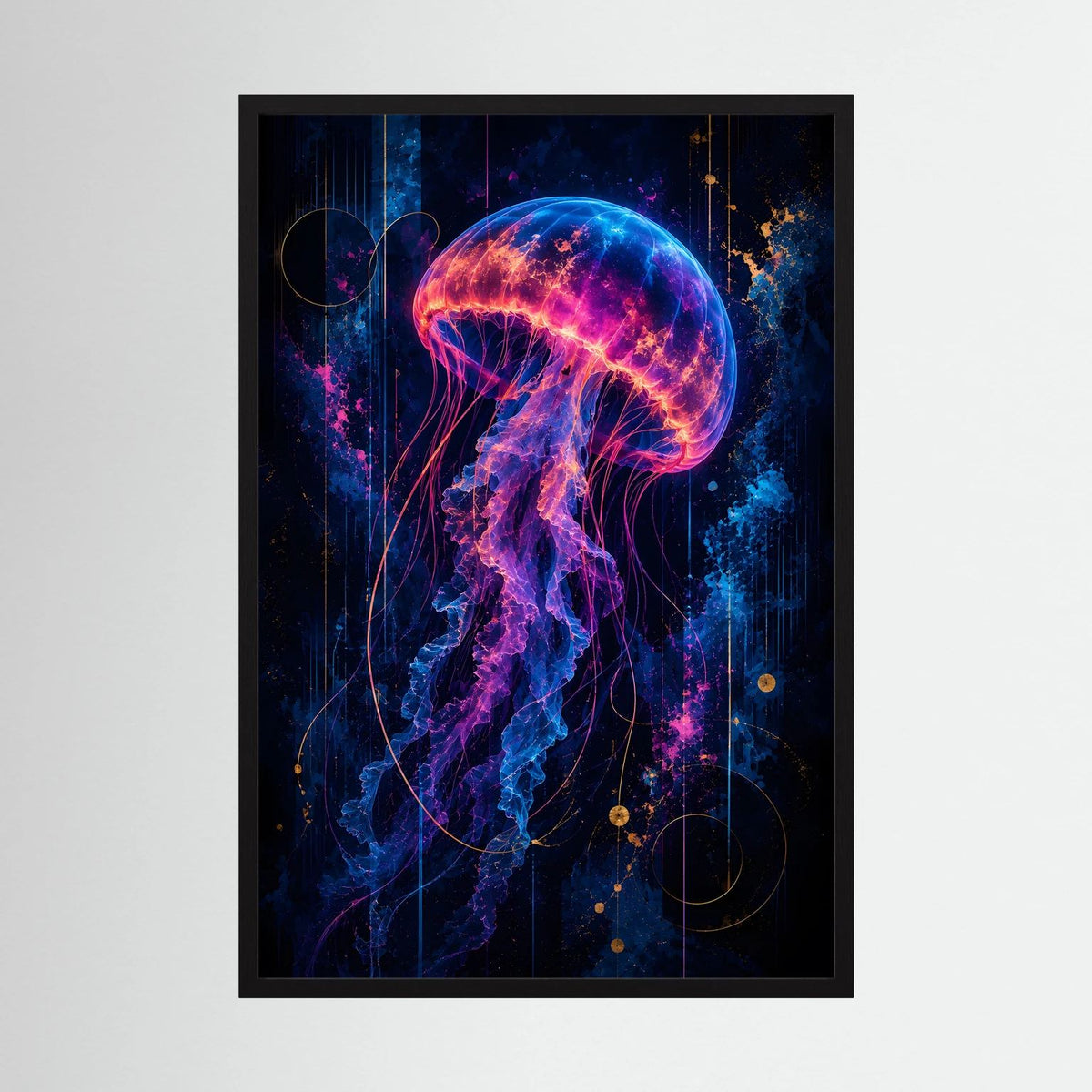 Leuchtendes Quallenposter mit neonfarbenem Quallenmotiv in Pink, Blau und Gold, schwarzer Rahmen