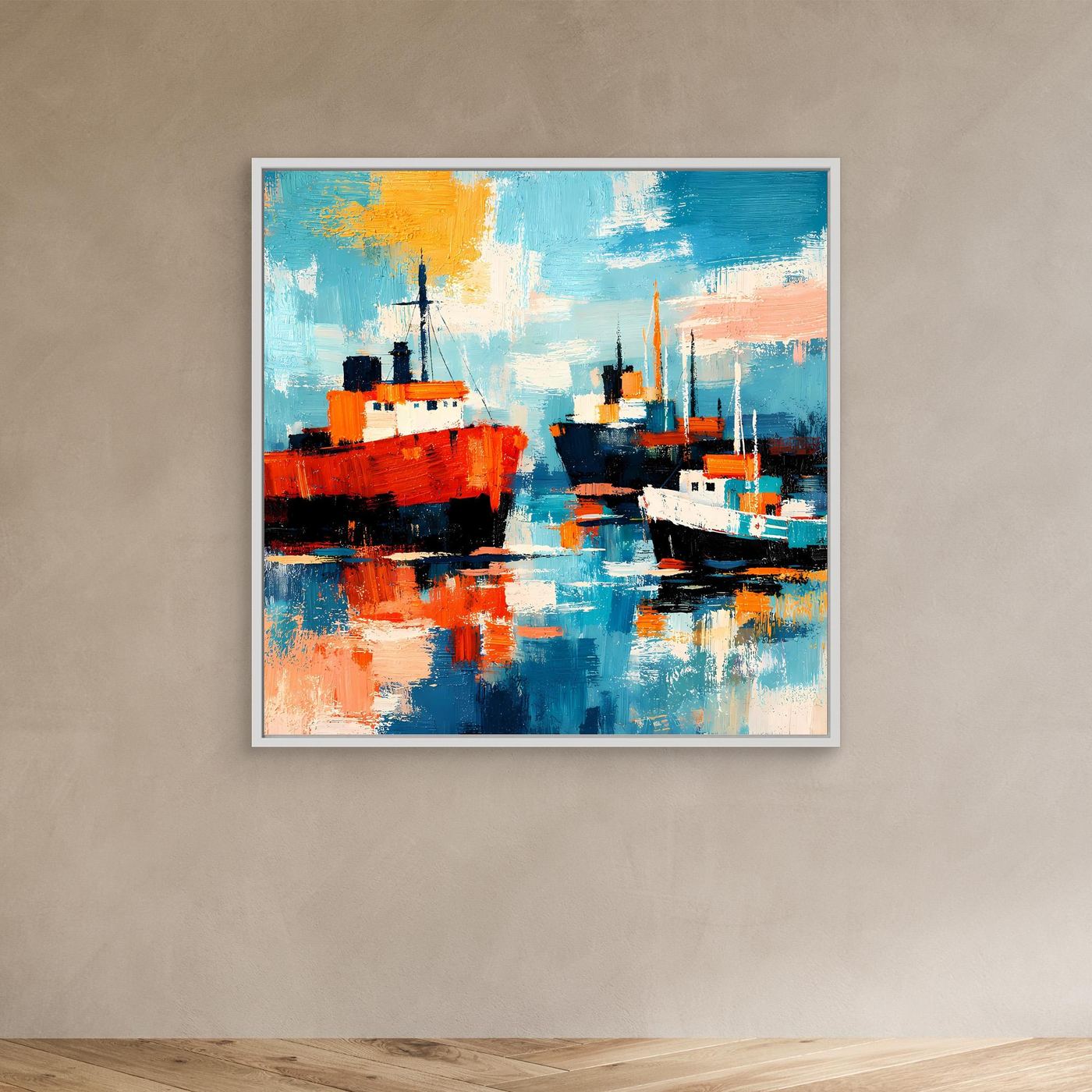 Leinwand-Wandbild mit abstrakten Schiffen im Hafen im weißen Rahmen, blau-rot