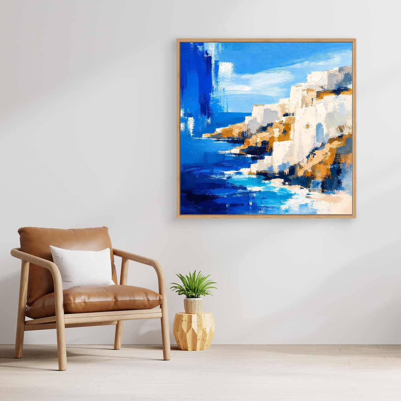 Abstraktes Leinwandbild mediterrane Steilküste in Blau und Weiß mit Eichenrahmen