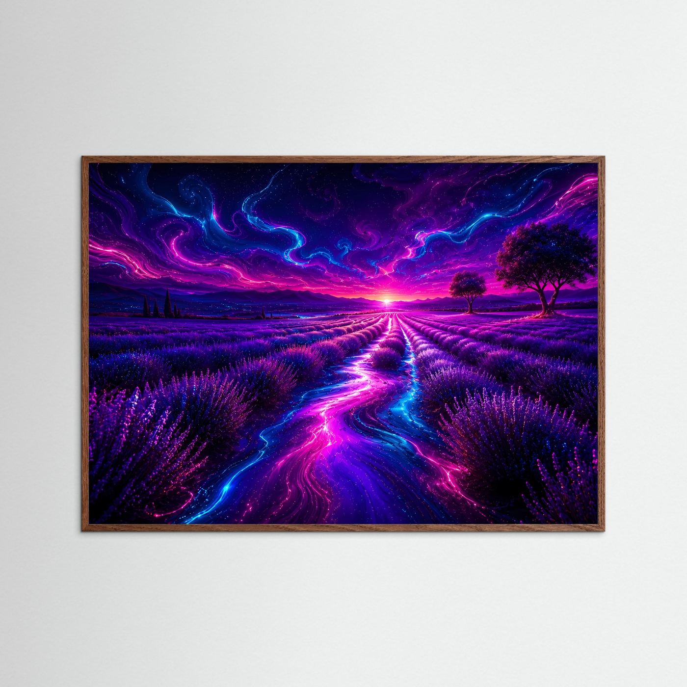 Lavendelfeld Neon Wandbild | Abstrakte Landschaft in Lila Blau Pink | Modernes Fantasy Leinwandbild | Leuchtendes Fine Art Poster | Surreale Wandkunst