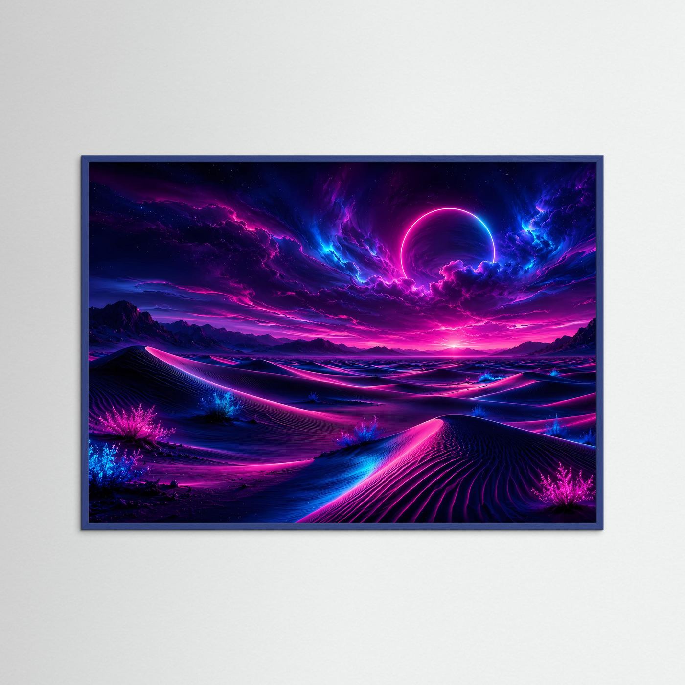 Neon Wüste Poster Querformat | Futuristische Landschaft in Pink & Blau | Cyberpunk Sci-Fi Wandbild