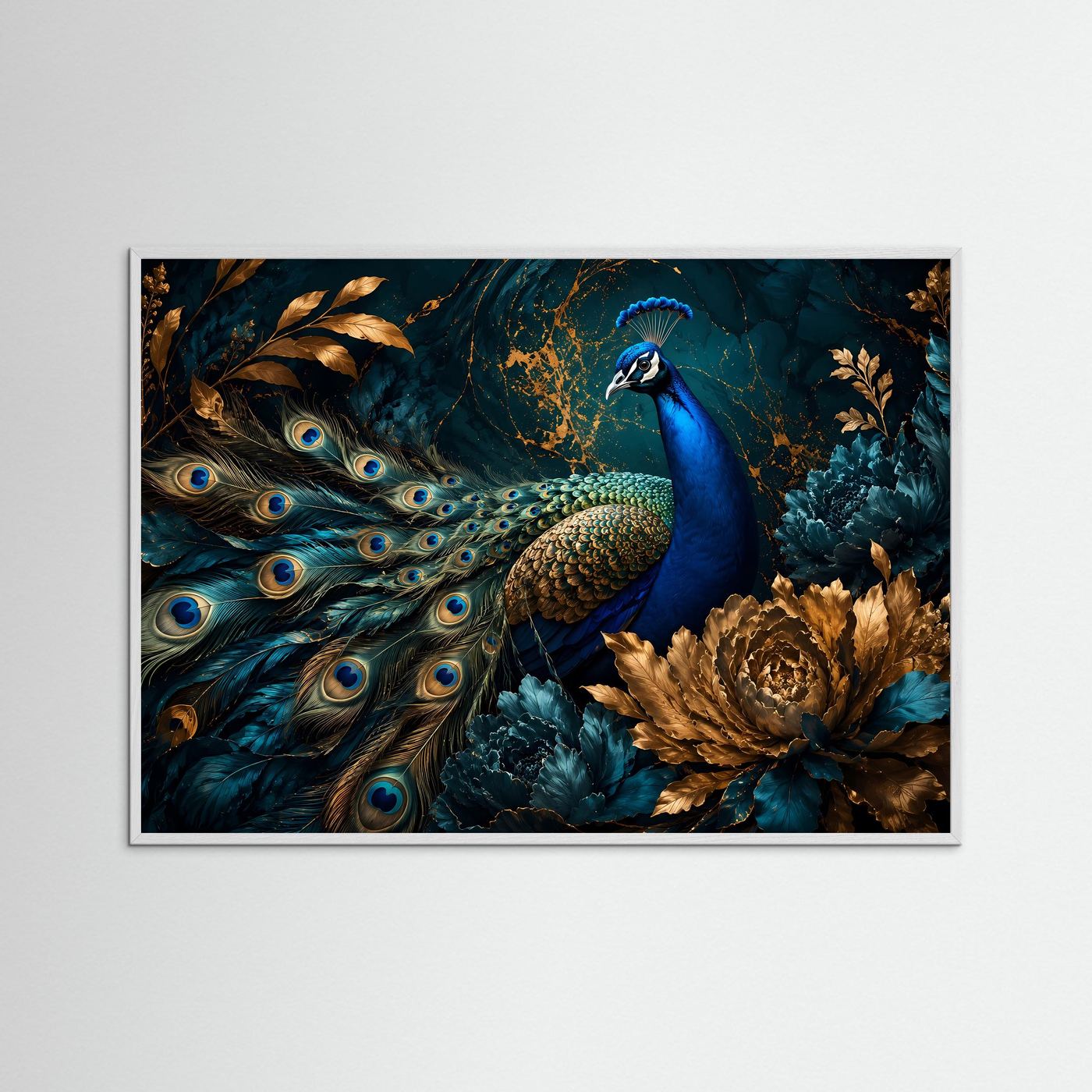 Majestätischer Pfau mit goldenen Akzenten | Edle Tierkunst & Petrol Poster