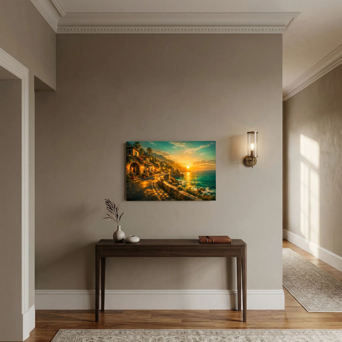 Wandbild im Querformat mit beleuchteten Häusern an der Küste