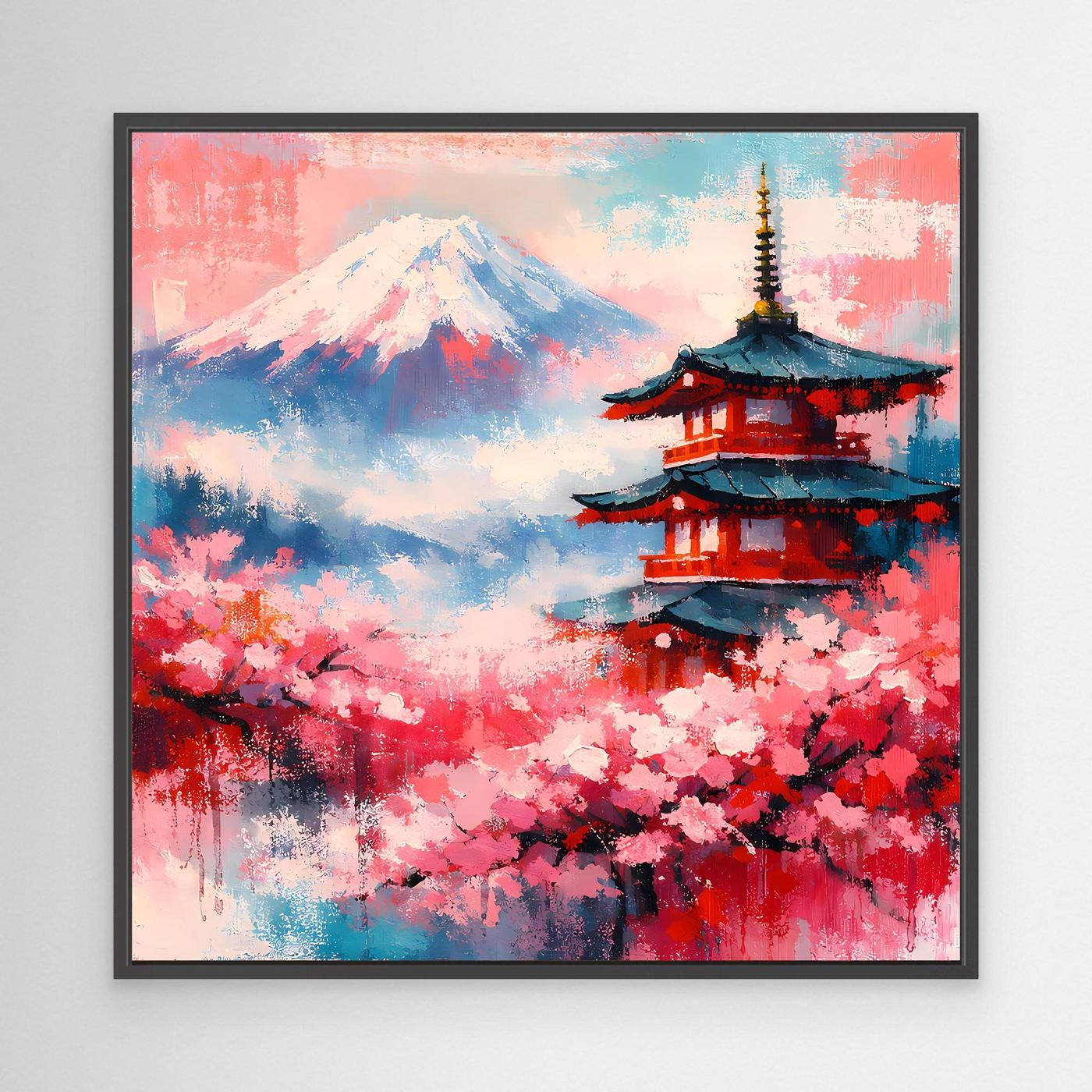 Leinwand-Wandbild mit Kirschblüten, Berg Fuji und Pagode mit schwarzem Rahmen