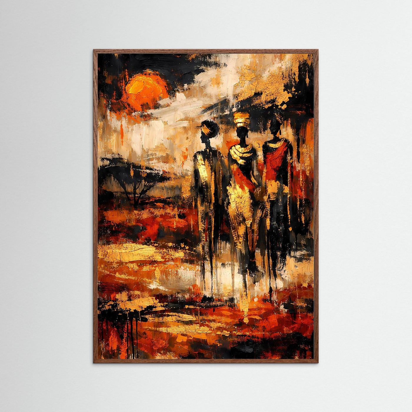 Ethno-Kunstposter mit drei Figuren, orange-goldene Sonne, erdige Pinselstriche, braun gerahmt