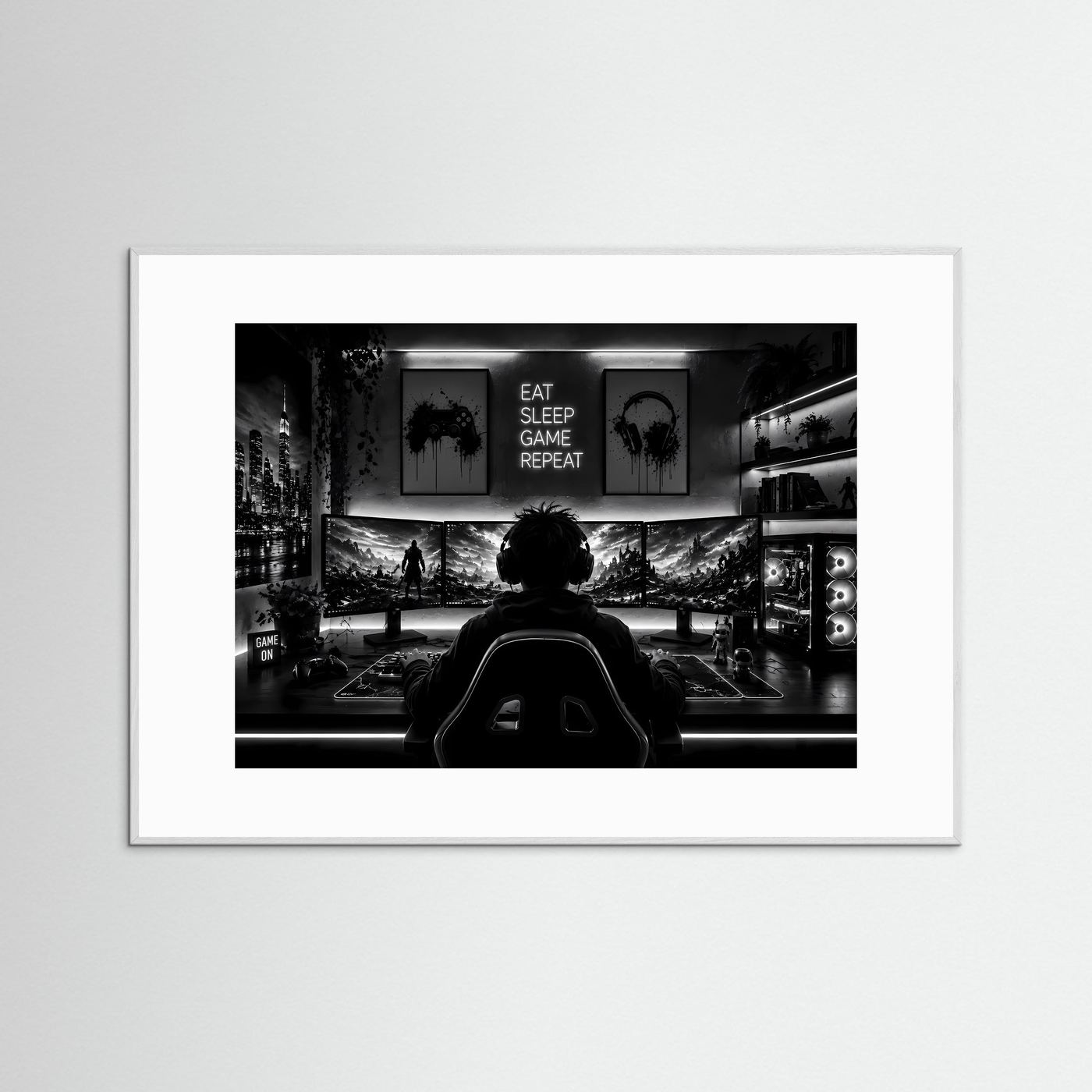 Gaming Poster Schwarz Weiß | Gamer Setup Wandbild | Gaming Room Deko | PC Gaming Kunst | Monochromer Fine Art Print