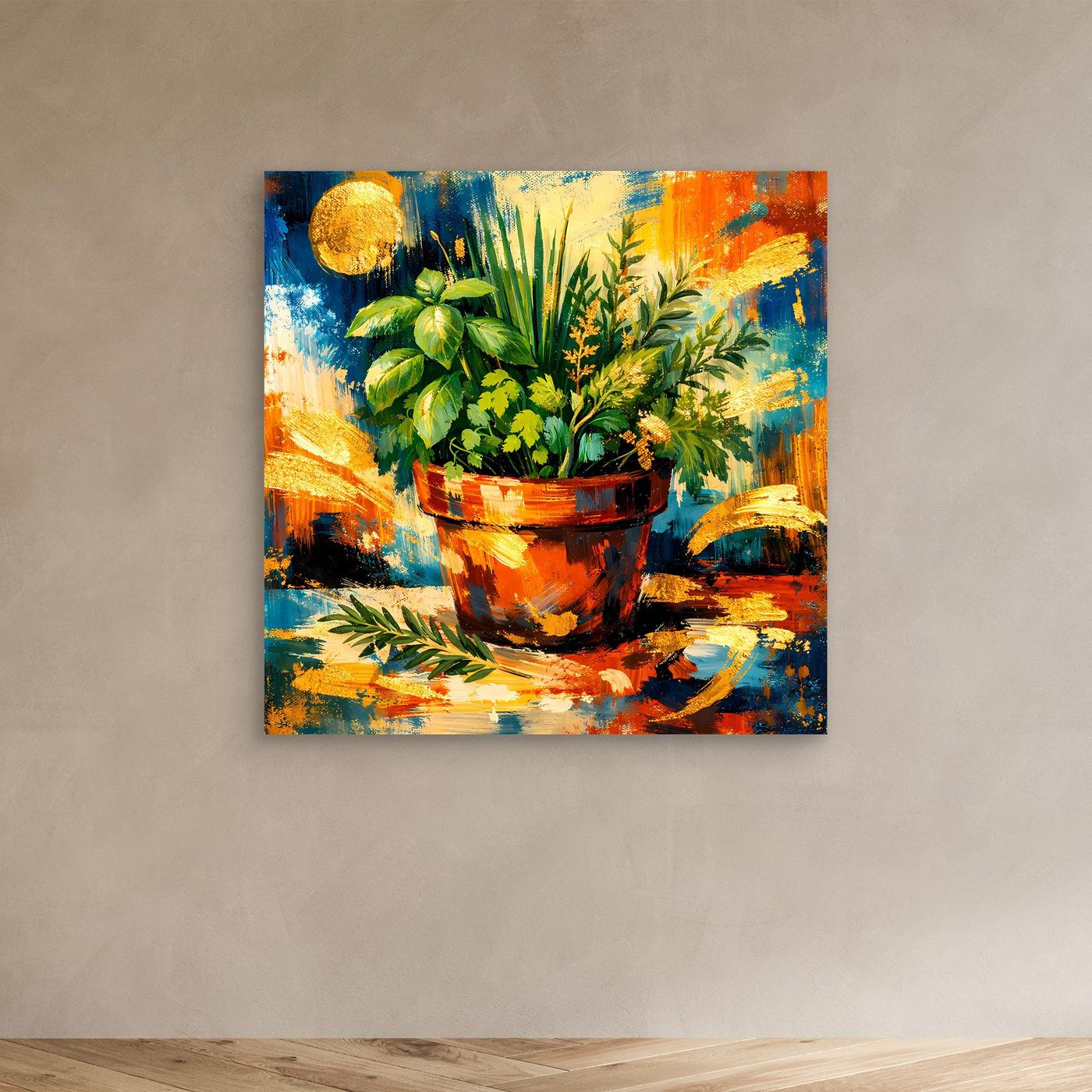 Leinwandbild mit Kräutern im Tontopf, abstraktes Motiv in Grün, Blau und Orange