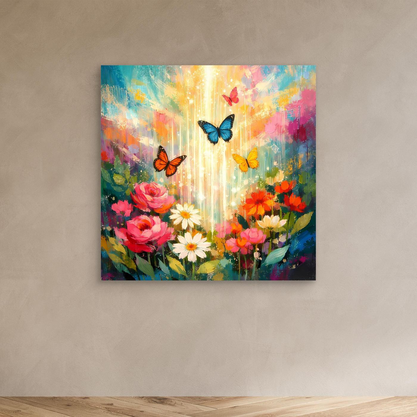 Wandbild ohne Rahmen: Blumenstrauß mit Schmetterlingen in leuchtenden Farben