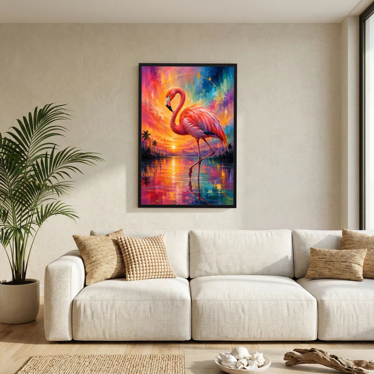Kunstposter im Hochformat mit Flamingo-Motiv, schwarz gerahmt