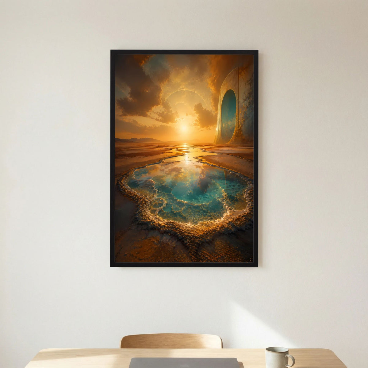 Poster im Hochformat mit schwarzem Rahmen und türkisfarbener Quelle, Wüstenlandschaft bei Sonnenaufgang
