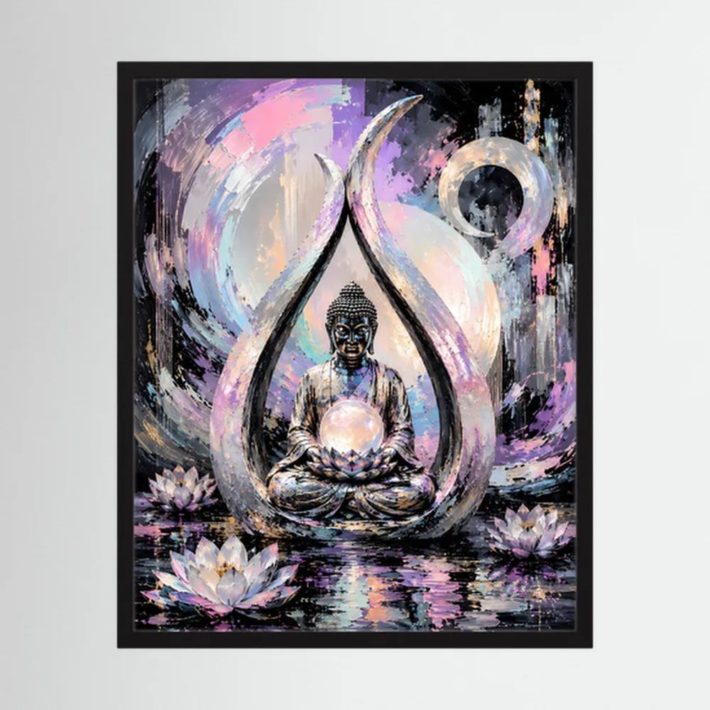 Kunstposter: Buddha im Lotussitz vor pastelligem Farbspray, mit Perlmutt-Lichtkreis im schwarzen Rahmen