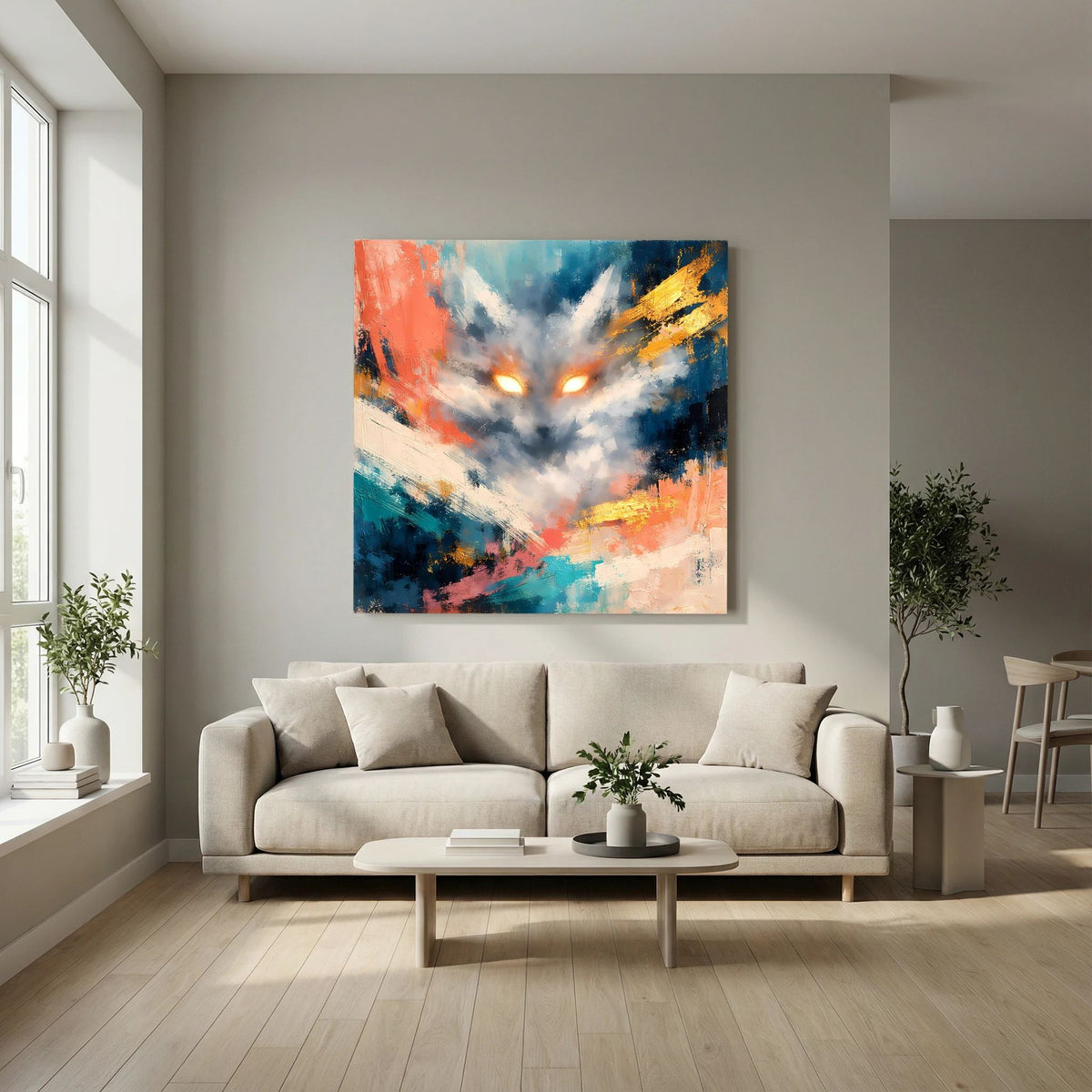 Abstraktes Leinwandbild: Kitsune-Fuchs mit leuchtenden Augen, Blau-, Orange- und Gelbtöne.