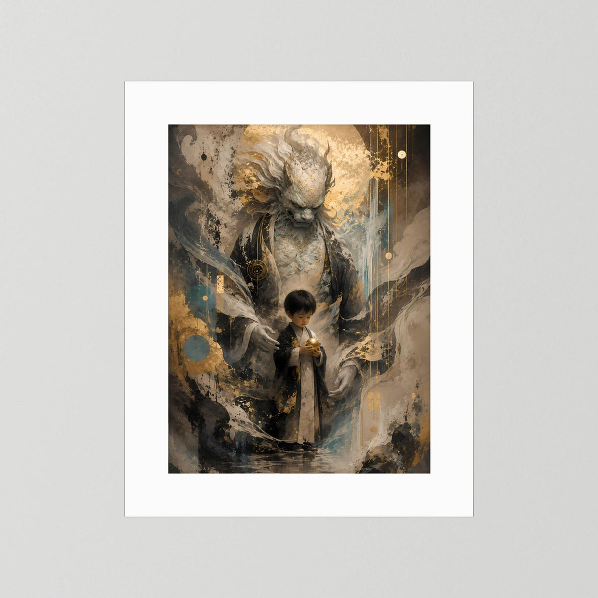 Hochformat-Poster mit mystischem Wächter und Kind, goldene Akzente, ohne sichtbaren Rahmen