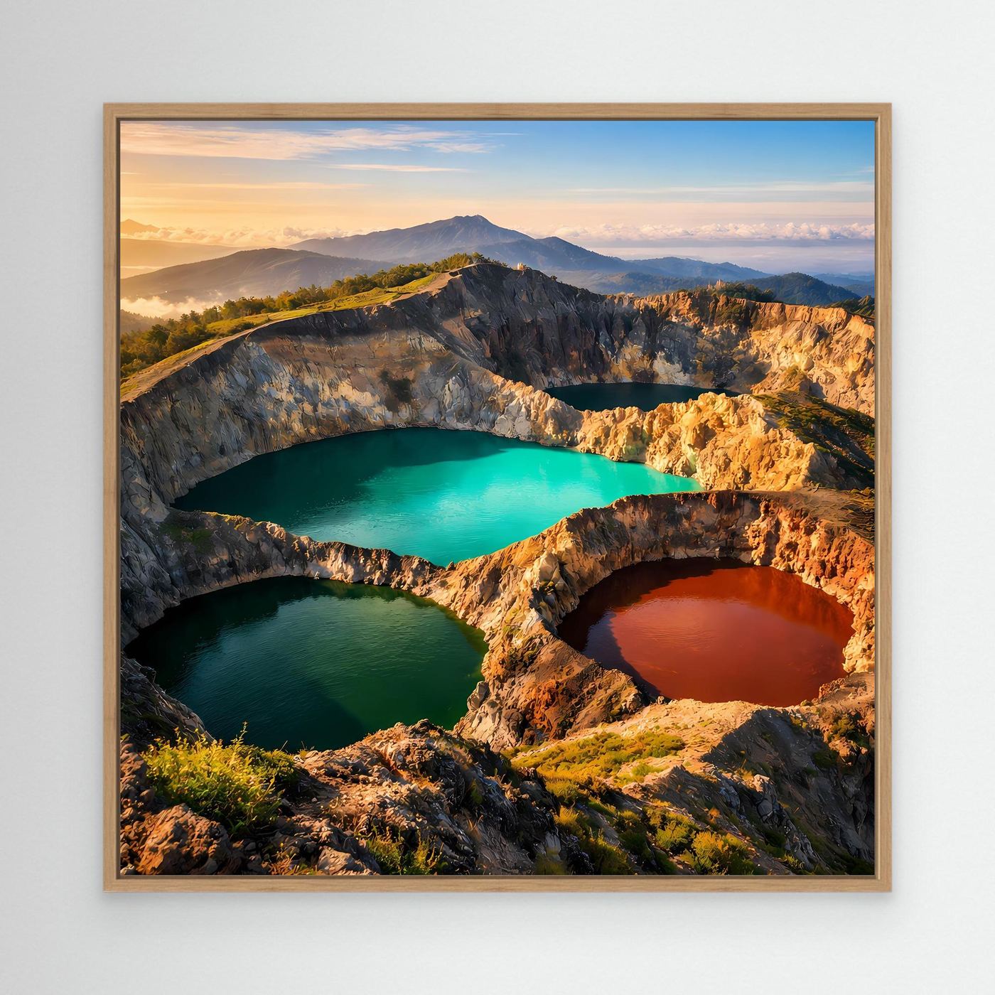 Leinwandbild mit Kraterseen in türkis und orange, im Eichenrahmen