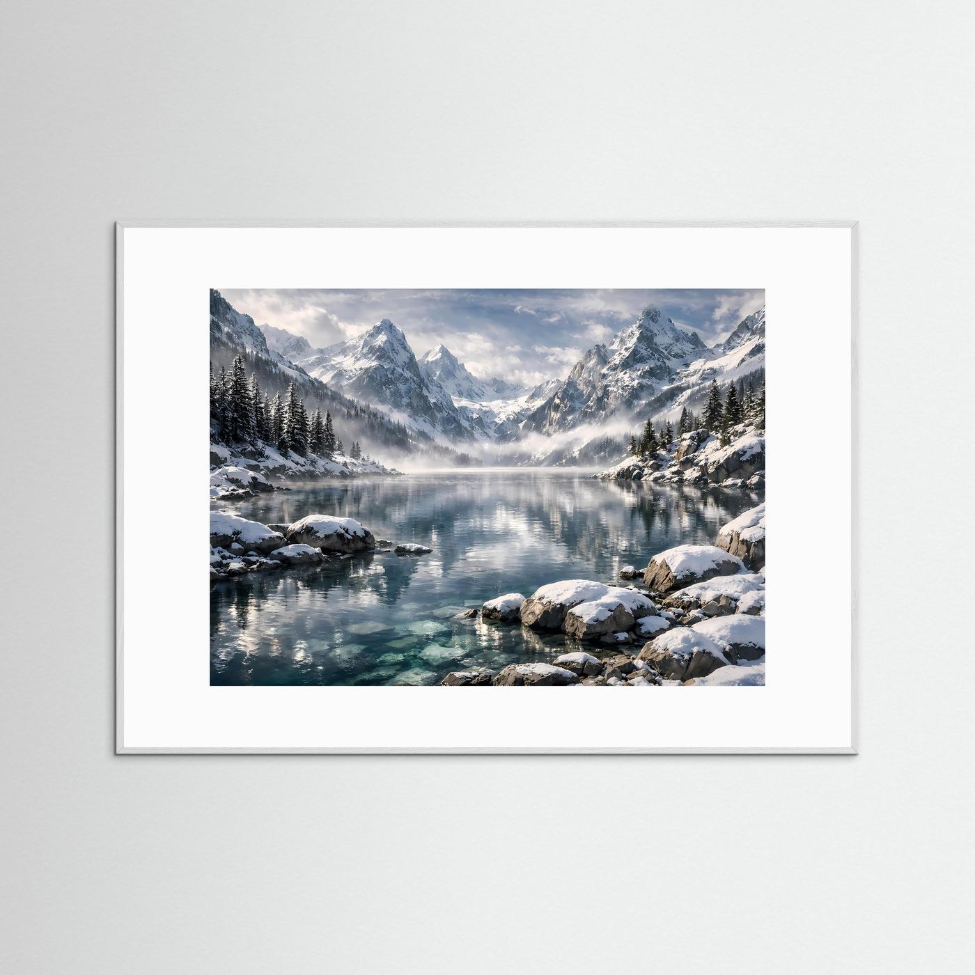 Verschneite Alpen am Kristallsee | Panorama Winterberg & Natur Poster Querformat