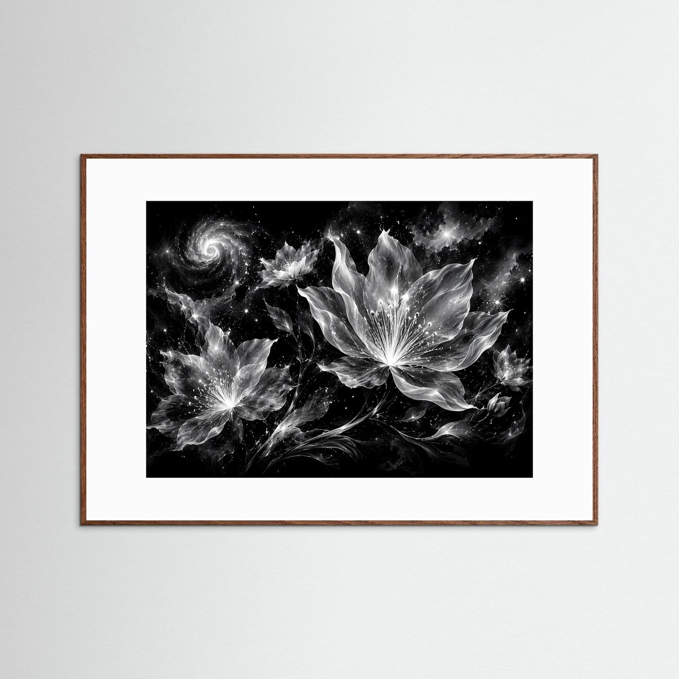 Schwarz Weiß Blumen Poster | Kosmische Blüten Wandkunst | Abstrakte Florale Kunst | Moderne Monochrome Leinwand | Galaxy Design