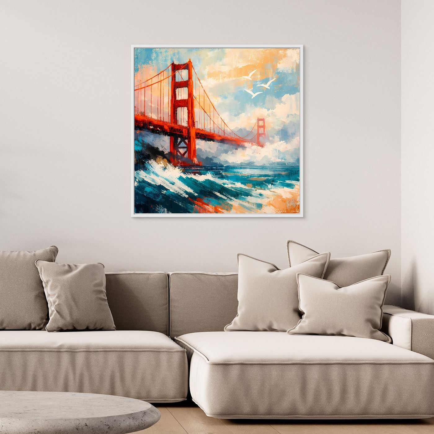 Abstraktes Leinwand-Wandbild der Golden Gate Bridge mit hellem Rahmen.