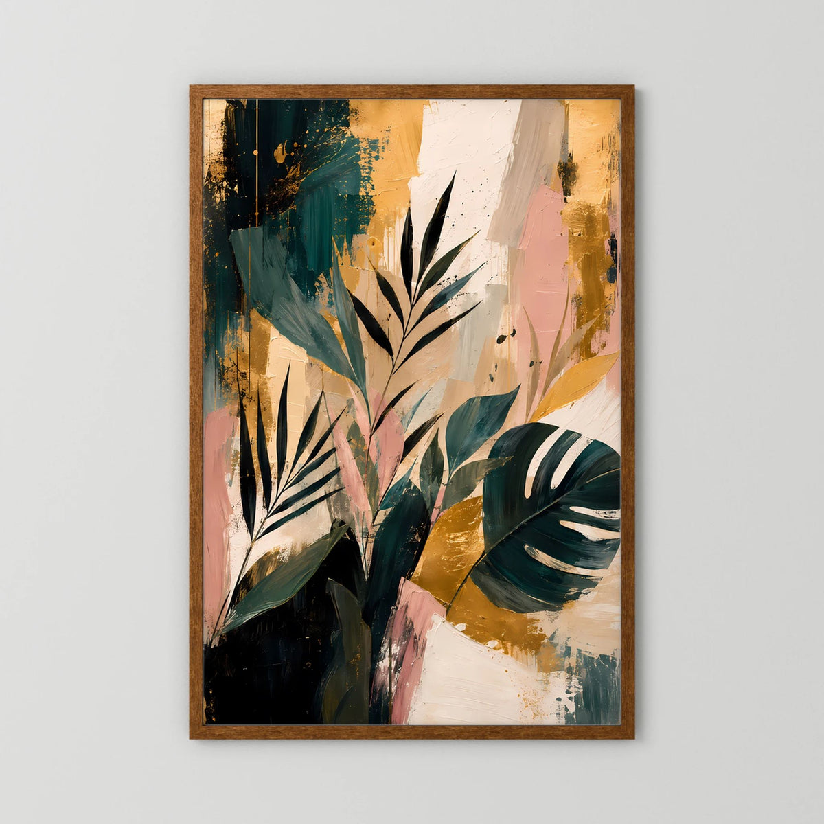 Abstrakte tropische Blätter | Botanische Kunst in Petrol, Rosa und Gold | Poster Hochformat