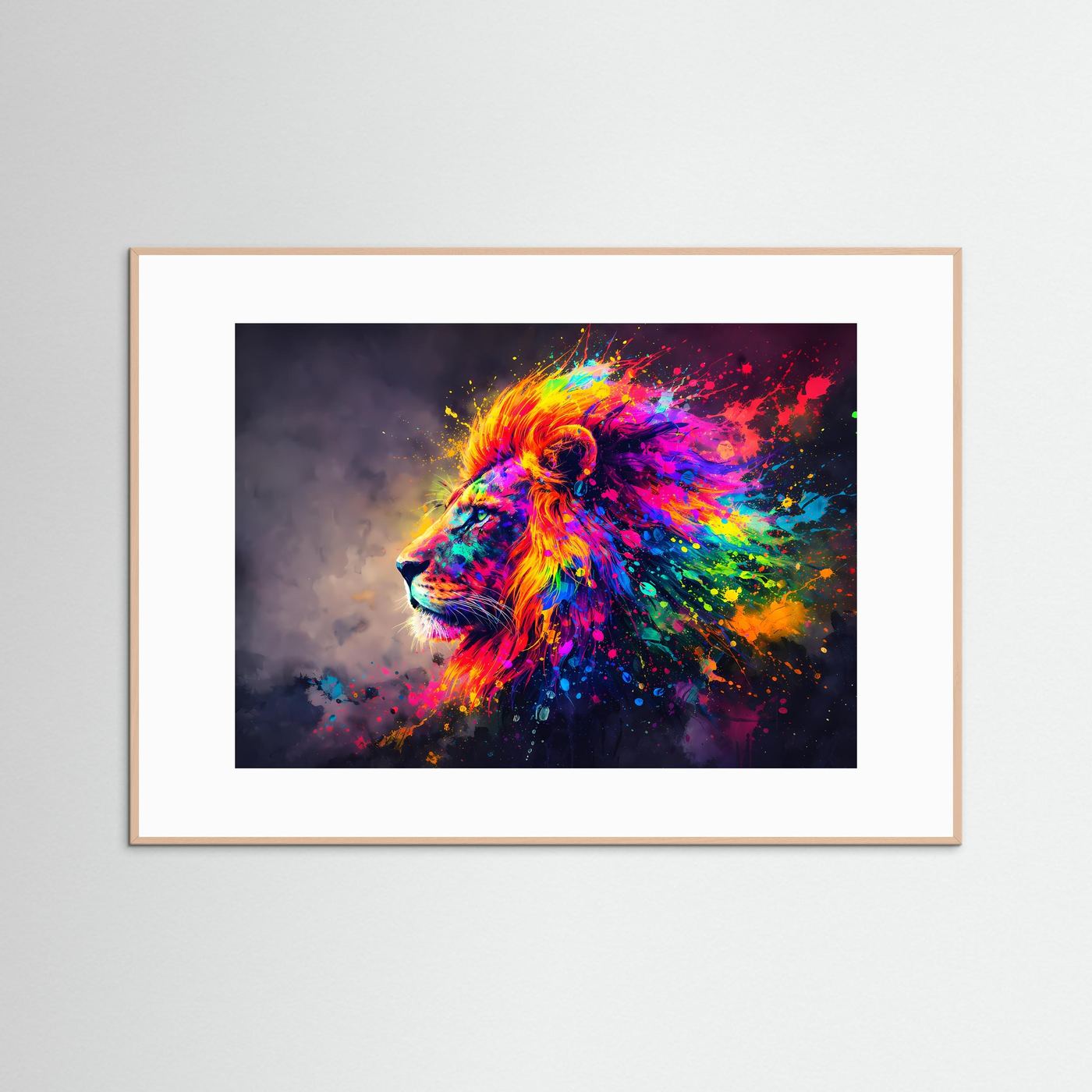Wandbild mit Löwenkopf in Regenbogenfarben, Querformat, naturfarbener Rahmen