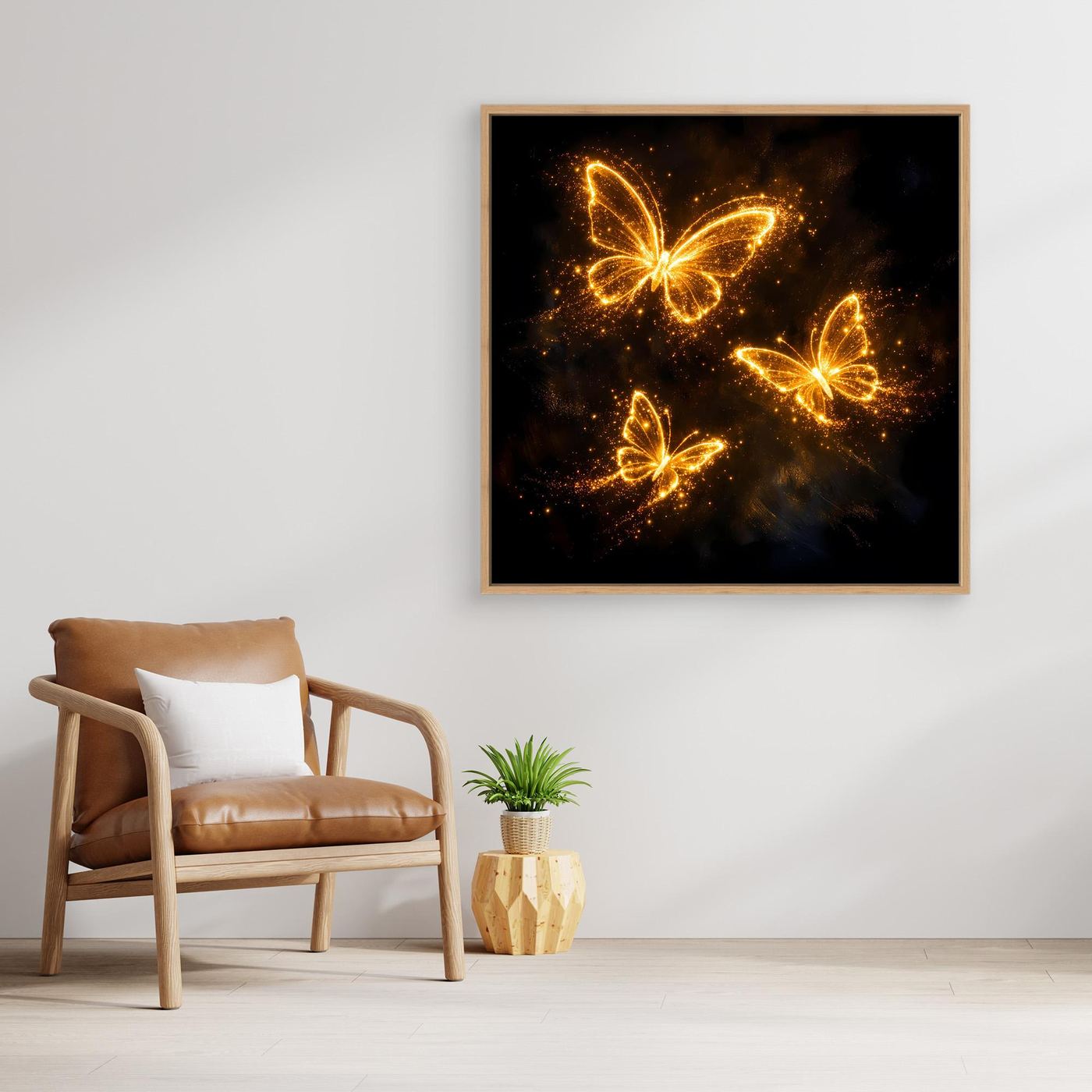 Premium Leinwand Leuchtende Schmetterlinge in Gold | Elegantes Fantasy Wandbild abstrakt