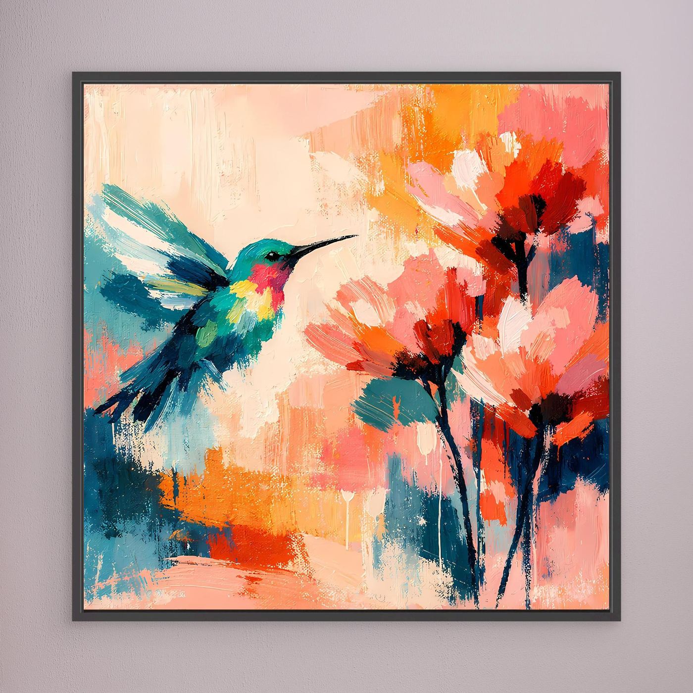 Framed abstract hummingbird and flowers wall art with colorful paint strokes, black border