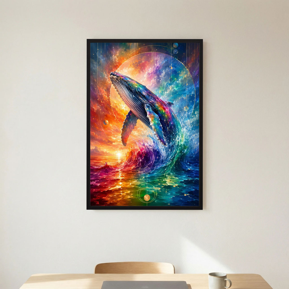 Hochformat-Poster mit Wal und kreisförmigem Farbfeld, leuchtende Regenbogenfarben, schwarzer Rahmen