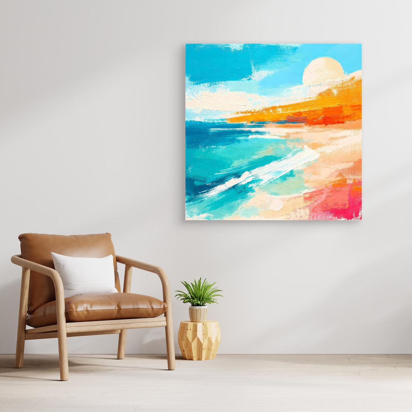 Abstract beach wall art, teal ocean and orange sand with white highlight strokes.