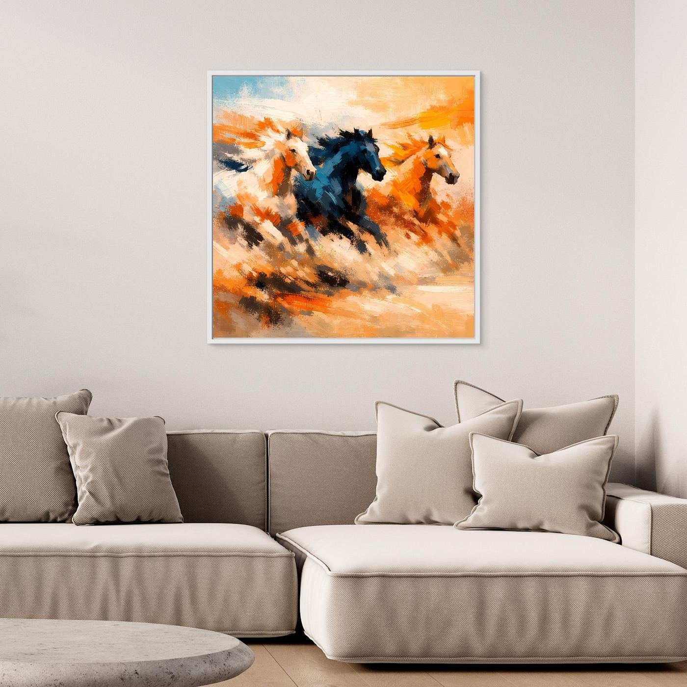 Premium Leinwand Wilde Pferde Galopp | Abstraktes Wandbild Dynamische Ölgemälde Optik