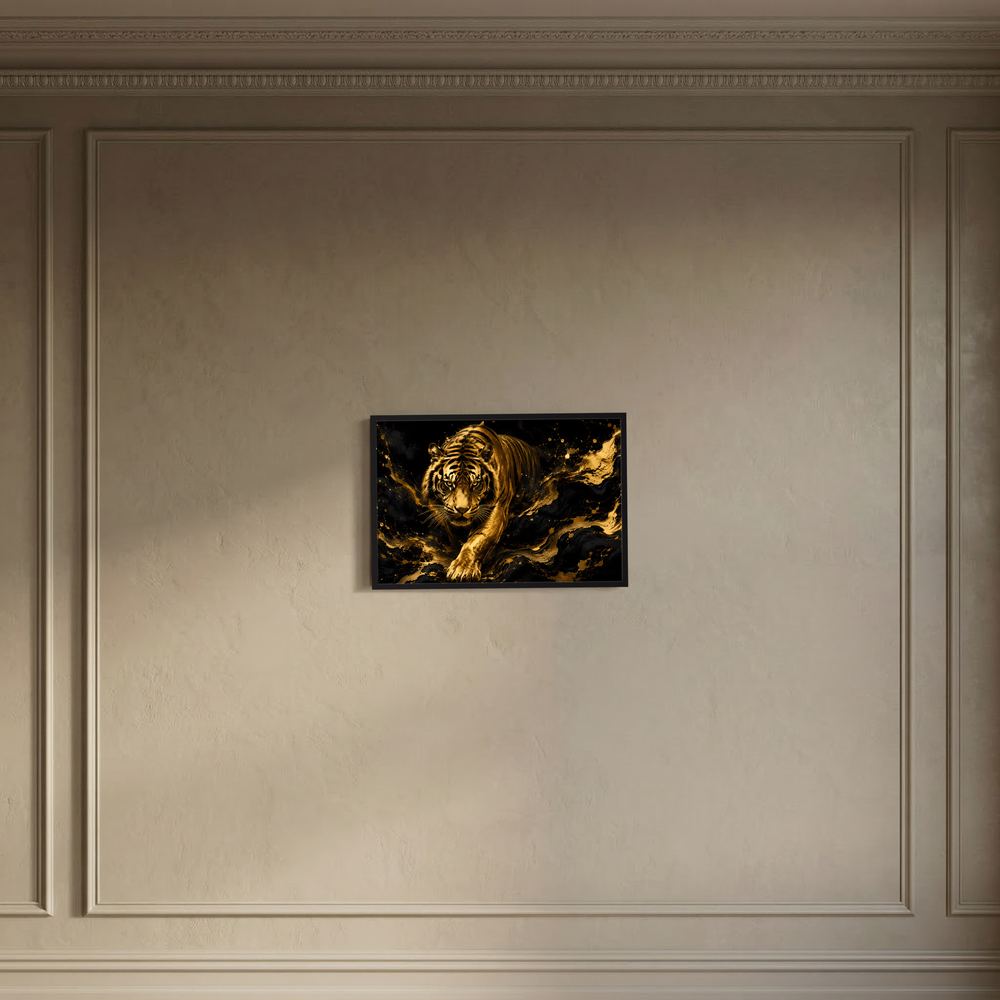 Wandposter im Querformat mit gold-schwarzem Tiger-Motiv, schwarze Umrandung