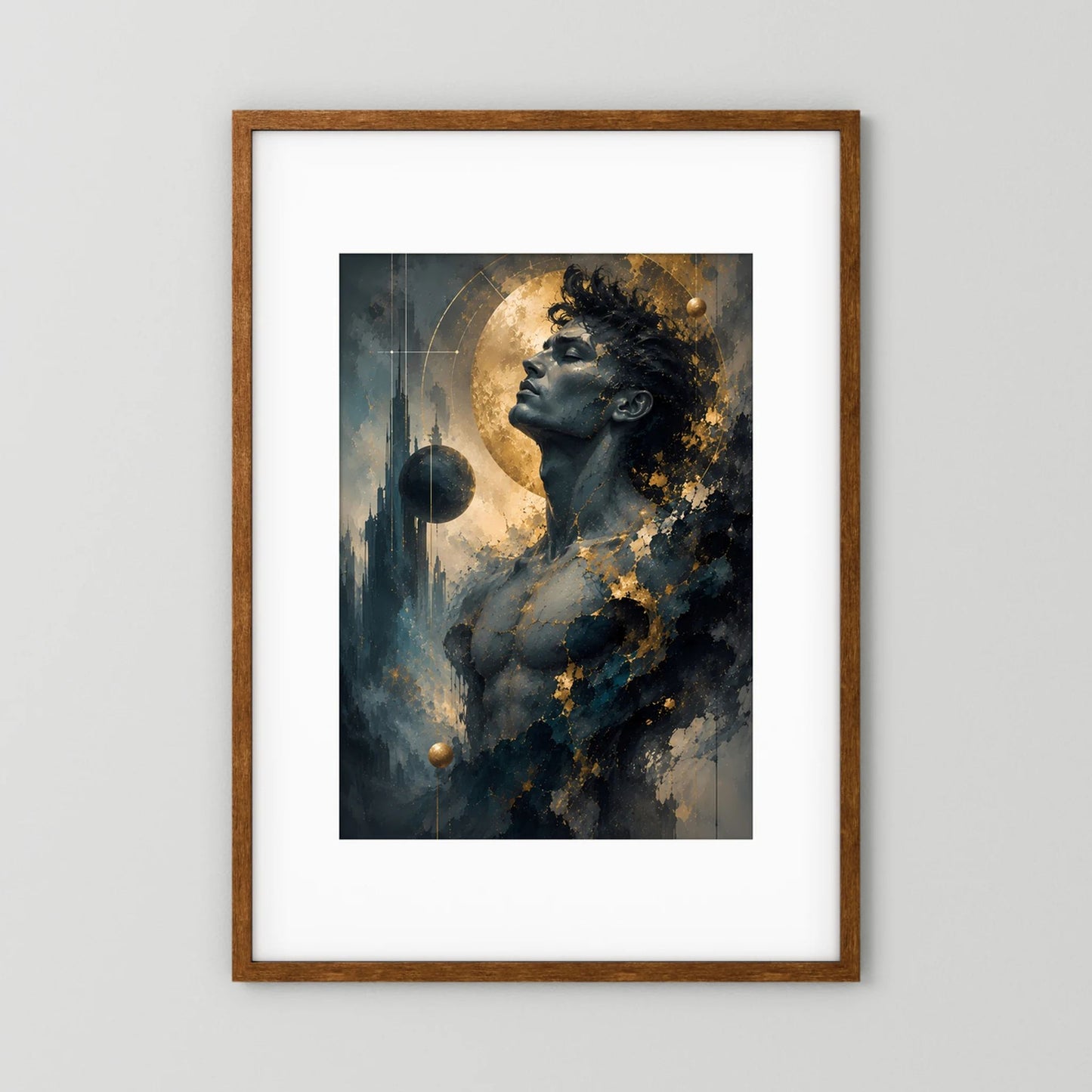 Kosmischer Mann in Gold und Anthrazit | Mystische abstrakte Weltraumkunst | Poster Hochformat
