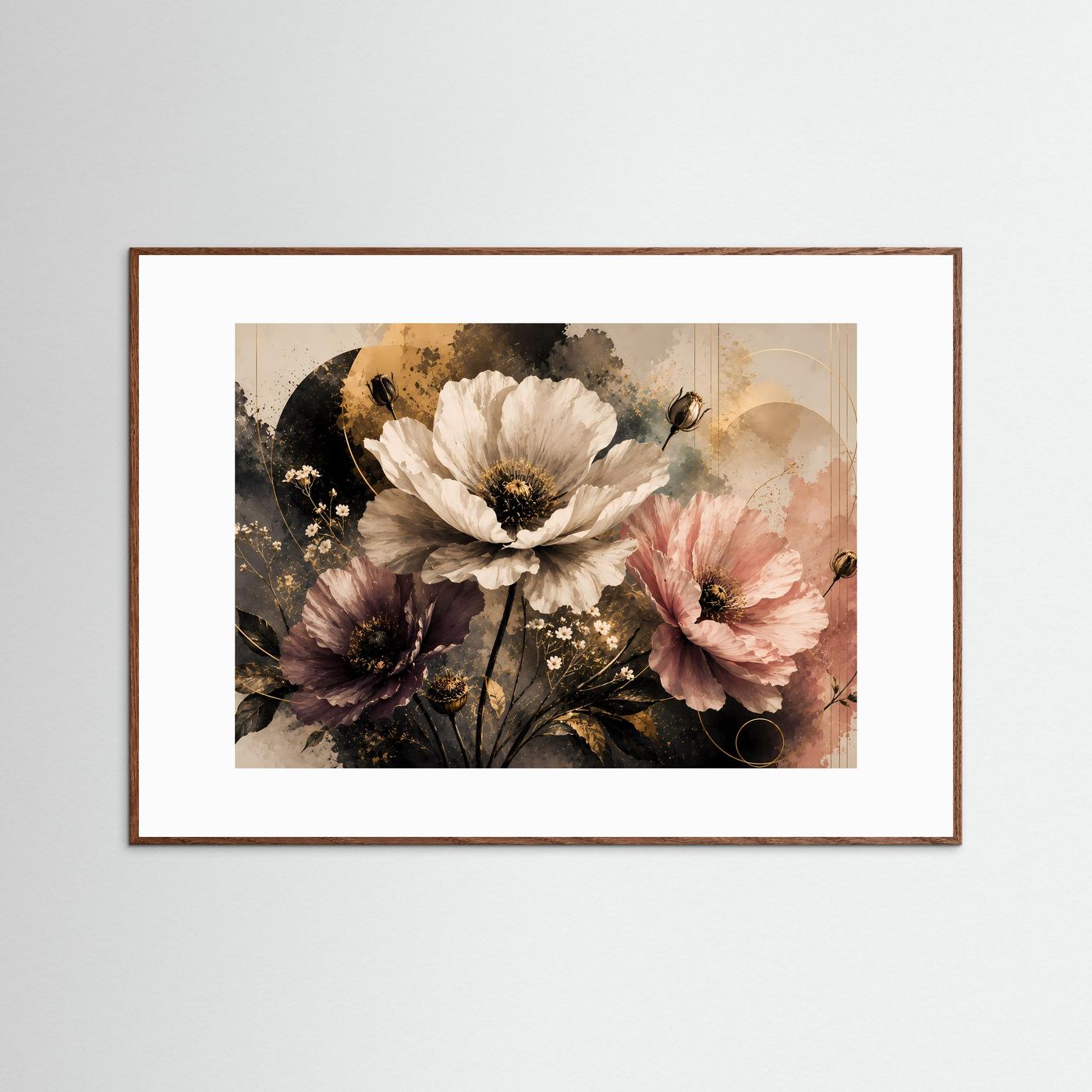 Poster im Querformat mit Mohnblumen in Creme, Rosa und Violett, brauner Rahmen