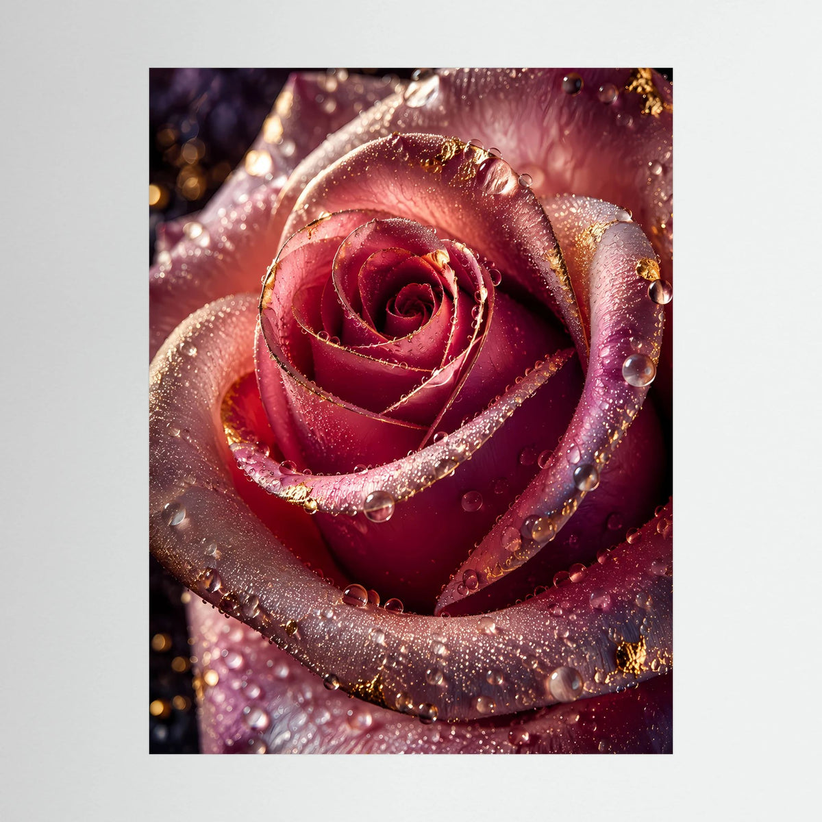 Nahaufnahme Rosenposter mit roter Rose, Wassertropfen und goldfarbenem Glitzer