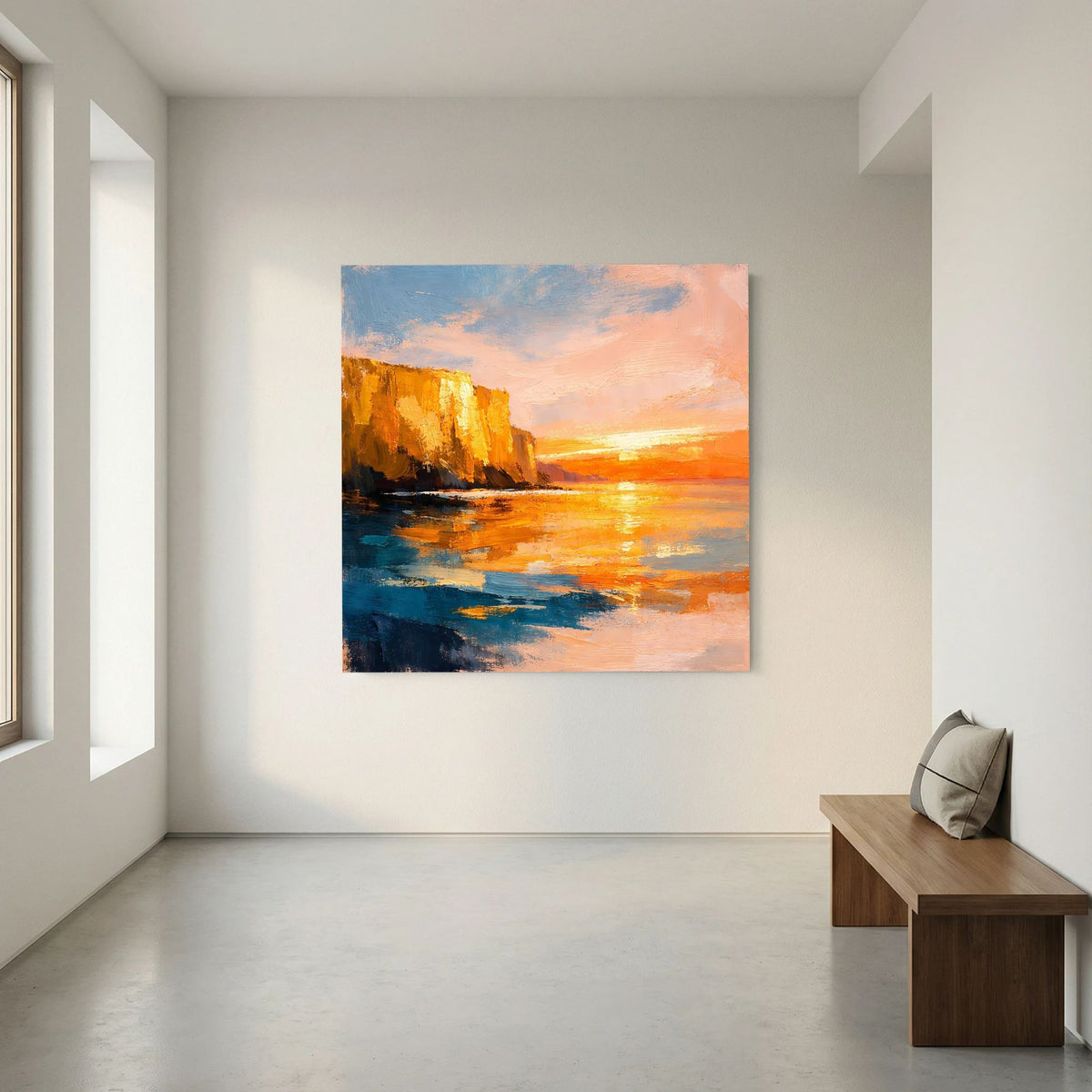 Leinwand-Wandbild mit abstrakter Küste: orangefarbener Sonnenuntergang, blaues Wasser und Felsen
