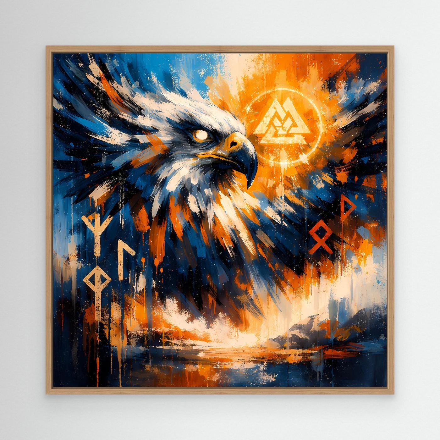 Abstraktes Leinwand-Wandbild: nordischer Adler in Blau und Orange, Eichenrahmen