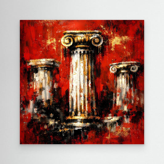 Leinwandbild: drei antike griechische Säulen, rot und gold, ohne Rahmen.